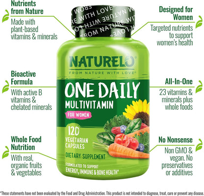 NATURELO One Daily Multivitamin for Women - Energy Support - Whole Food Supplement to Nourish Hair, Skin, Nails - Non-GMO - No Soy - Gluten Free - 120 Capsules - 4 Month Supply - Nirvana Guru