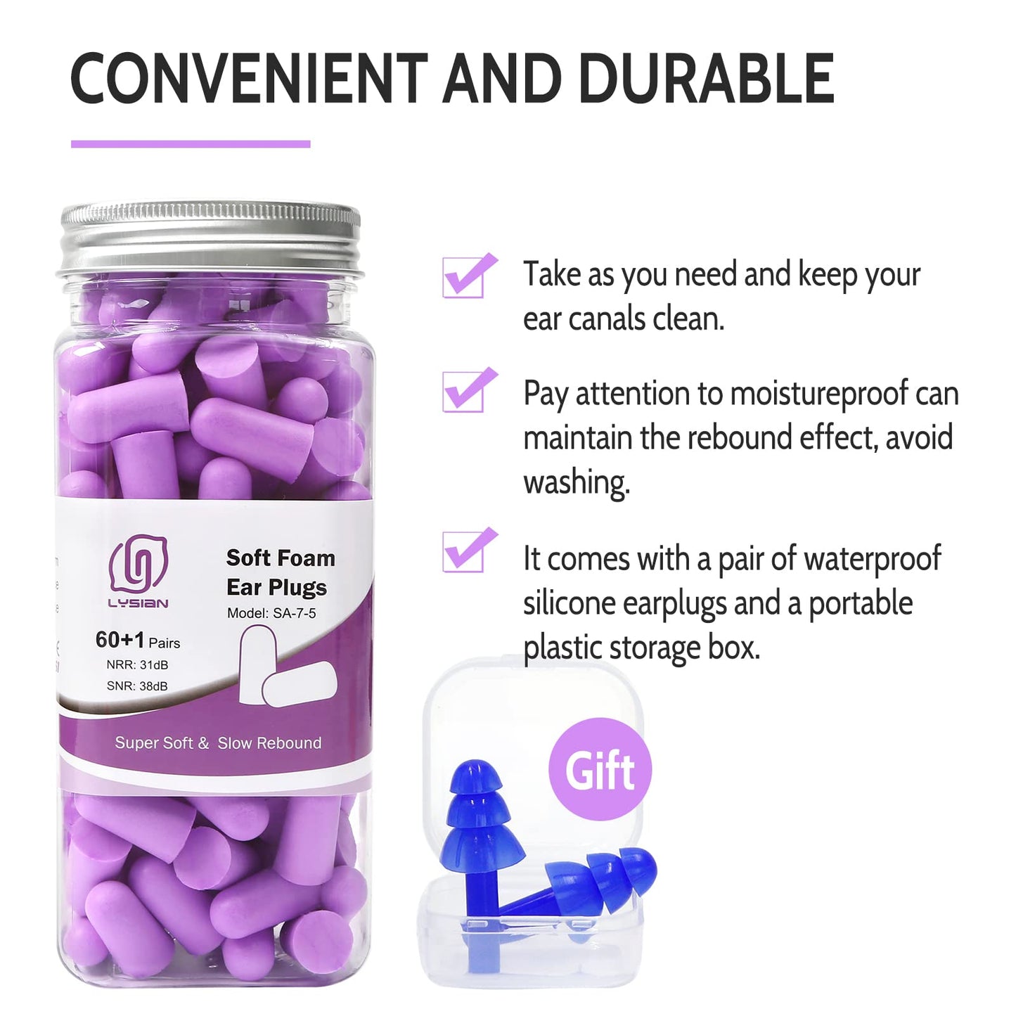 LYSIAN Ultra Soft Foam Earplugs Sleep, Noise Cancelling Ear Plugs for Sleeping, Shooting,Travel and Work-38dB SNR 31dB NRR Sound Blocking-60 Pairs Pack (Lake Blue)