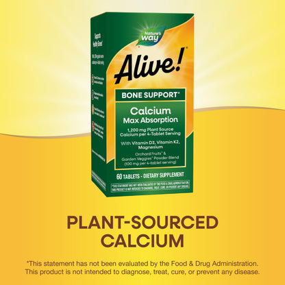 Nature's Way Alive! Calcium Max Absorption, Bone Support*, Plant Source Calcium, Vitamin D3 & K2, Magnesium, 120 Tablets (Packaging May Vary) - Nirvana Guru