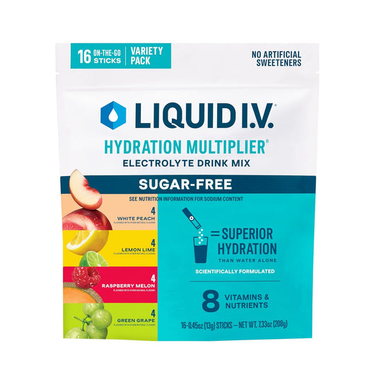 Liquid I.V.® Hydration Multiplier Sugar-Free - Raspberry Melon, Lemon Lime, White Peach, Green Grape | Electrolyte Powder Drink Mix | 1 Pack (16 Servings) - Nirvana Guru