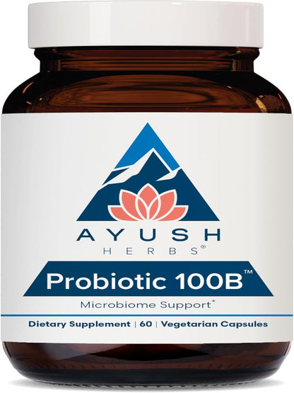Ayush Herbs Probiotic 100B - Probiotics for Women, Probiotics for Men, Prebiotics and Probiotics for Digestive Health, Gas Relief, Gut Microbiome Balance - 60 Vegetarian Capsules (1 Count) Nirvana Guru