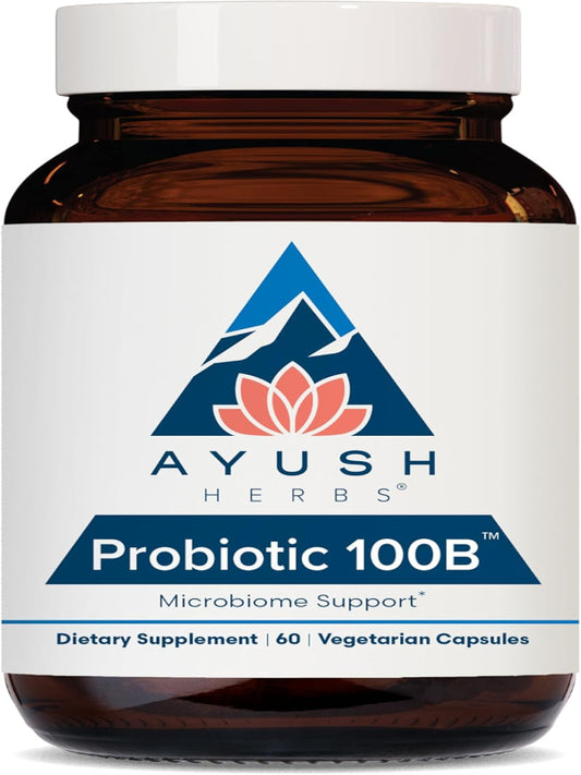 Ayush Herbs Probiotic 100B - Probiotics for Women, Probiotics for Men, Prebiotics and Probiotics for Digestive Health, Gas Relief, Gut Microbiome Balance - 60 Vegetarian Capsules (1 Count) Nirvana Guru