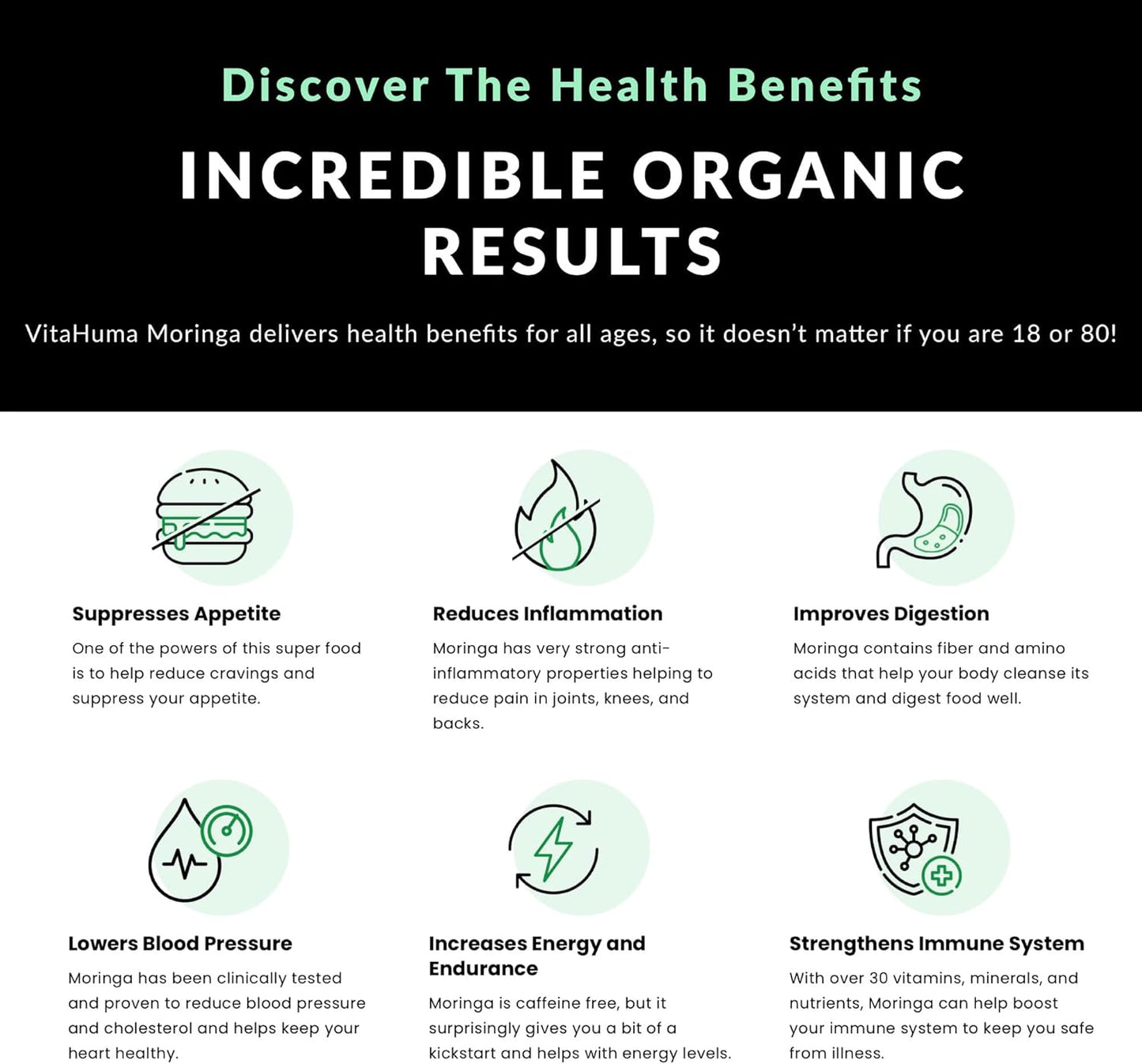 Organic Moringa, Nutrient-Dense Antioxidant Support with Vitamin C, A, E, Calcium, Potassium, Iron, Magnesium, Protein & Amino Acids for Hydration & Energy, Vegan, 1200 MG Per Serving, 90 CT