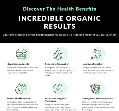 Organic Moringa, Nutrient-Dense Antioxidant Support with Vitamin C, A, E, Calcium, Potassium, Iron, Magnesium, Protein & Amino Acids for Hydration & Energy, Vegan, 1200 MG Per Serving, 90 CT