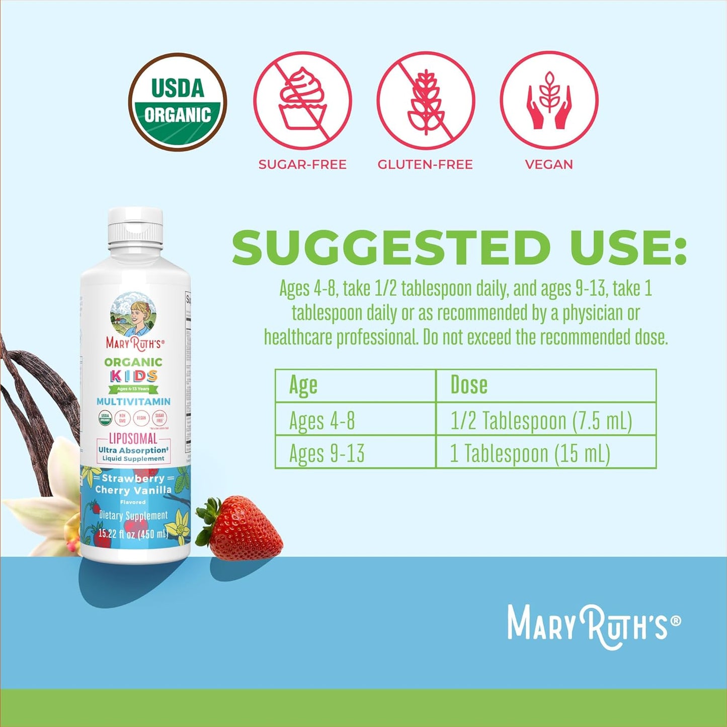 MaryRuth's Kids Multivitamin Liposomal | Vegan, Sugar-Free Vitamins for Kids | Ages 4+ | 2 Month Supply | 15.22 Fl Oz - Nirvana Guru