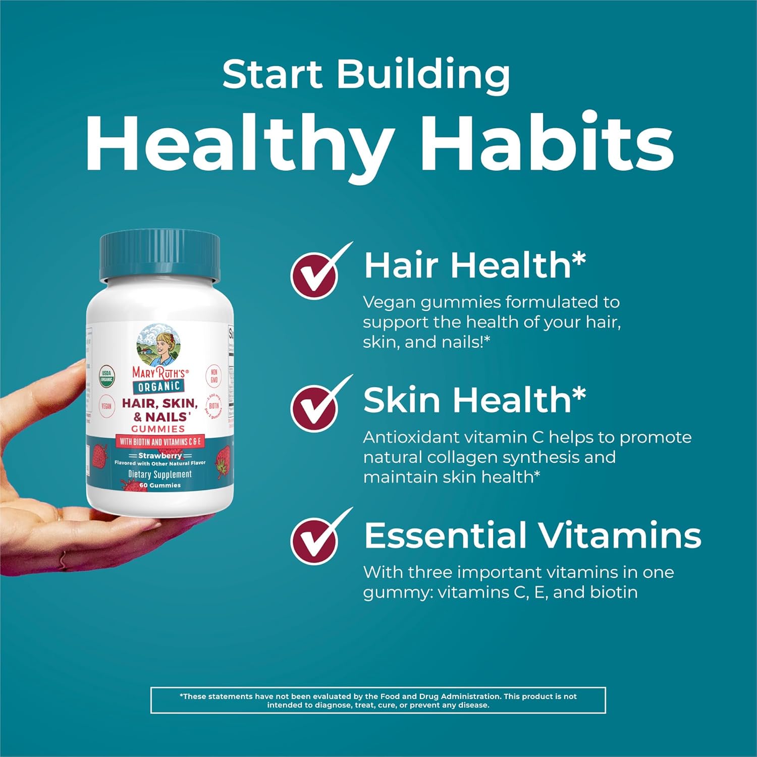 MaryRuth Organics Hair | Skin | and Nails Vitamins | Biotin Gummies with Vitamin C & Vitamin E | Hair Growth Vitamins | Skin Care | Nail Strength | USDA Organic Gummies for Ages 14+ | 60 Count - Nirvana Guru