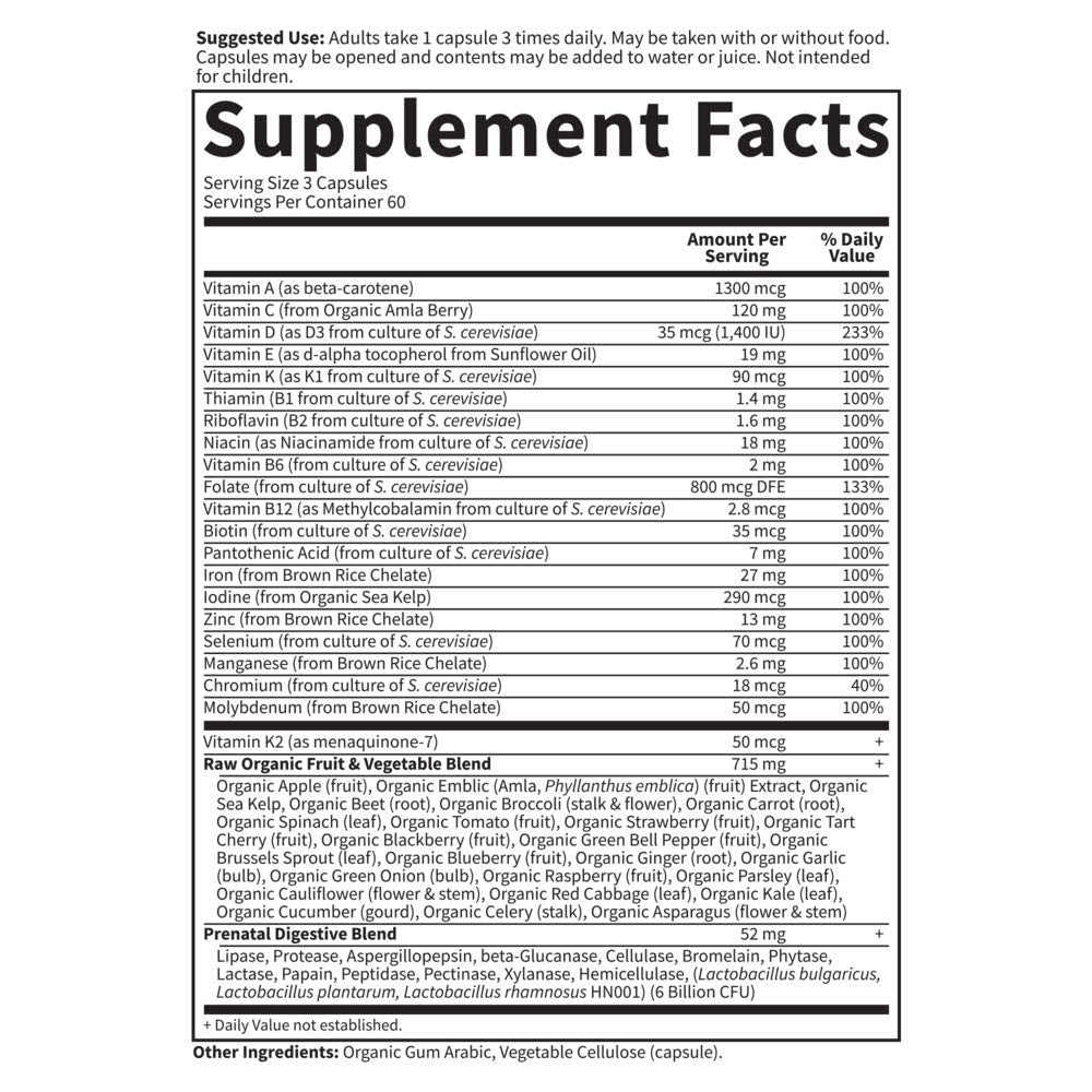 Prenatal Multivitamin for Women from Whole Foods with Biotin, Iron & Folate not Folic Acid, Probiotics for Immune Support - Vitamin Code Raw by Garden of Life - Pregnancy Must Haves - 180 capsules - Nirvana Guru