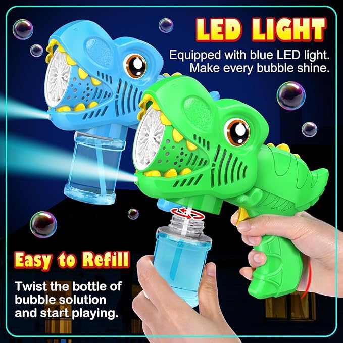 Kids Bubble Gun 2 Pack Dino Bubble Machine Gun for Toddlers with 4 Solutions Automatic 13-Hole Bubbles for Kids Blower Maker Easter Basket Essentials Stocking Stuffers Gift Party Favors for Boys Girls nirvanaguru