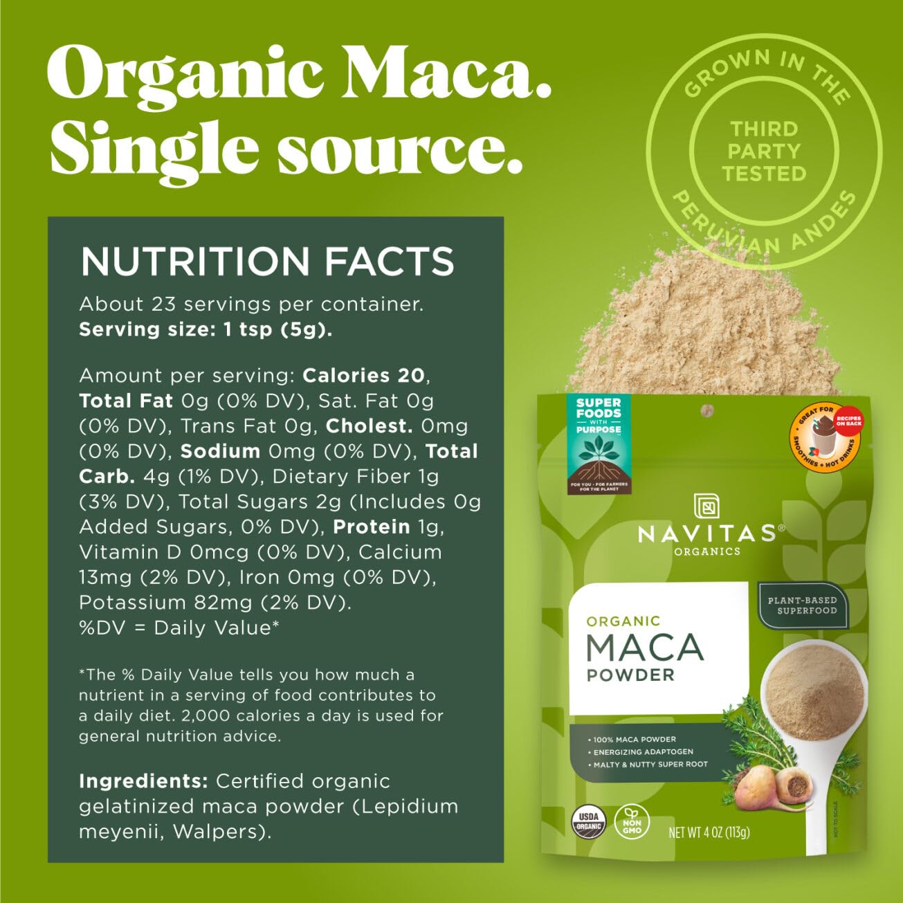 Navitas Organics Maca Powder – 100% Gelatinized Peruvian Maca for Adaptogen Smoothies, Lattes, Baking & More – Energize & Balance - USDA Organic, Non GMO, Vegan, Gluten Free (4oz. Bag, 23 Servings)