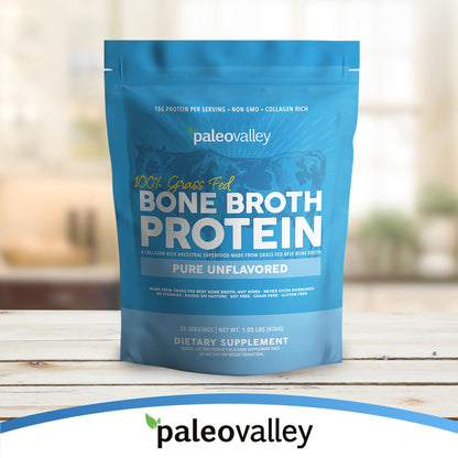 Paleovalley 100% Grass Fed Beef Bone Broth Protein Powder - Rich in Collagen Peptides for Hair, Skin, Gut Health, Bone and Joint Support - 28 Servings, 15g Protein Per Serving - No Gluten or GMOs - Nirvana Guru