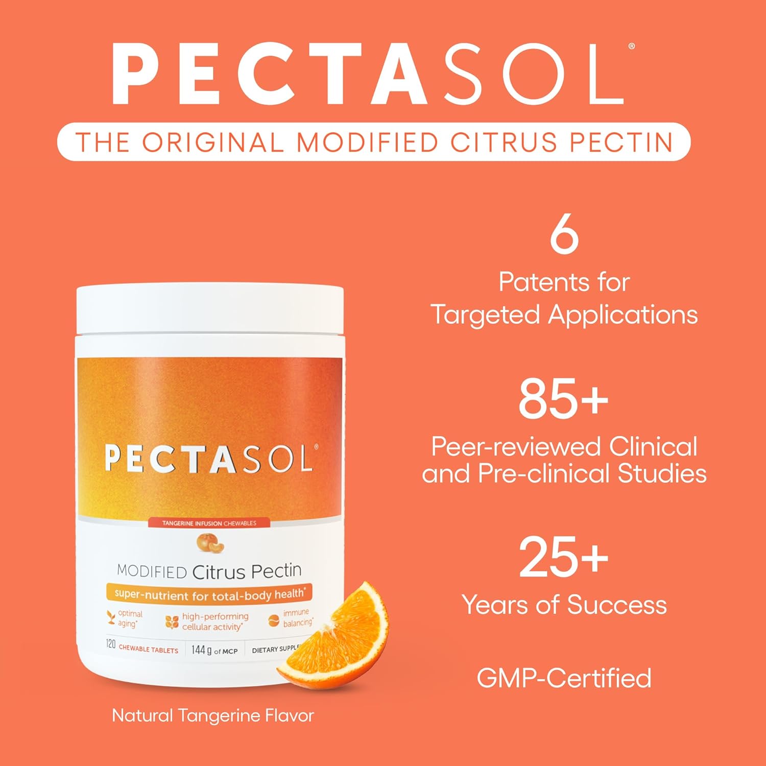 EcoNugenics PectaSol Modified Citrus Pectin – 120 Tangerine Chewable Tablets – Total-Body Health Supplement to Support Heart, Immune System, Inflammation Response + Maintain Healthy Galectin-3 Levels - Nirvana Guru