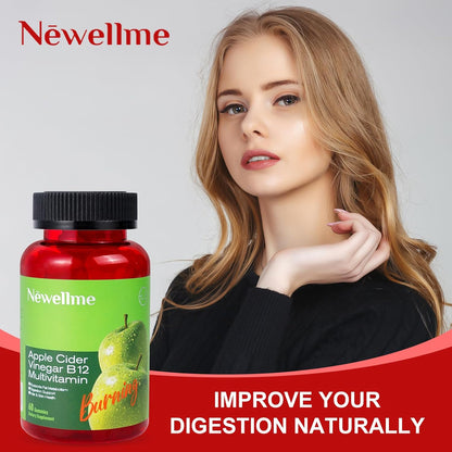 NEWELLME Apple Cider Vinegar Gummies B12 Multivitamin,ACV Supplement Gummy Vitamins,Non GMO, Vegetarian Supplement for Women & Men,Support Normal Energy Levels & Gut Health 30 Gummies (60)