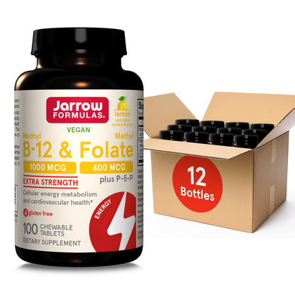 Jarrow Formulas Extra Strength Methyl B-12 1000 mcg & Methyl Folate 400 mcg + P-5-P, Dietary Supplement for Cellular Energy Metabolism and Cardiovascular Support, 100 Chewable Tablets, 100 Day Supply - Nirvana Guru