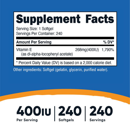 Nutricost Vitamin E 400 IU, 240 Softgel Capsules - Gluten Free, Non-GMO Nirvana Guru