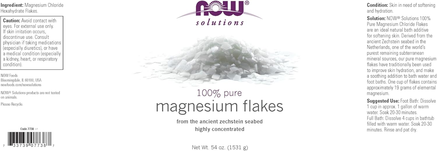 NOW Foods Solutions, Magnesium Flakes, 100% Pure, from the Ancient Zechstein Seabed, Highly Concentrated, 54-Ounce - Nirvana Guru