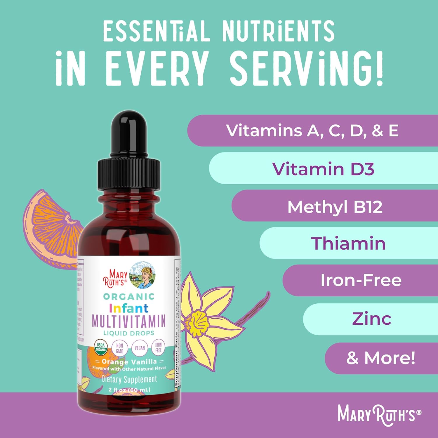 MaryRuth Organics Multivitamin for Infants | USDA Organic | Multivitamin Liquid Drops for Babies 6-12 Months | Immune Support & Overall Wellness | Vegan | Non-GMO | Gluten Free | 2 Fl Oz - Nirvana Guru