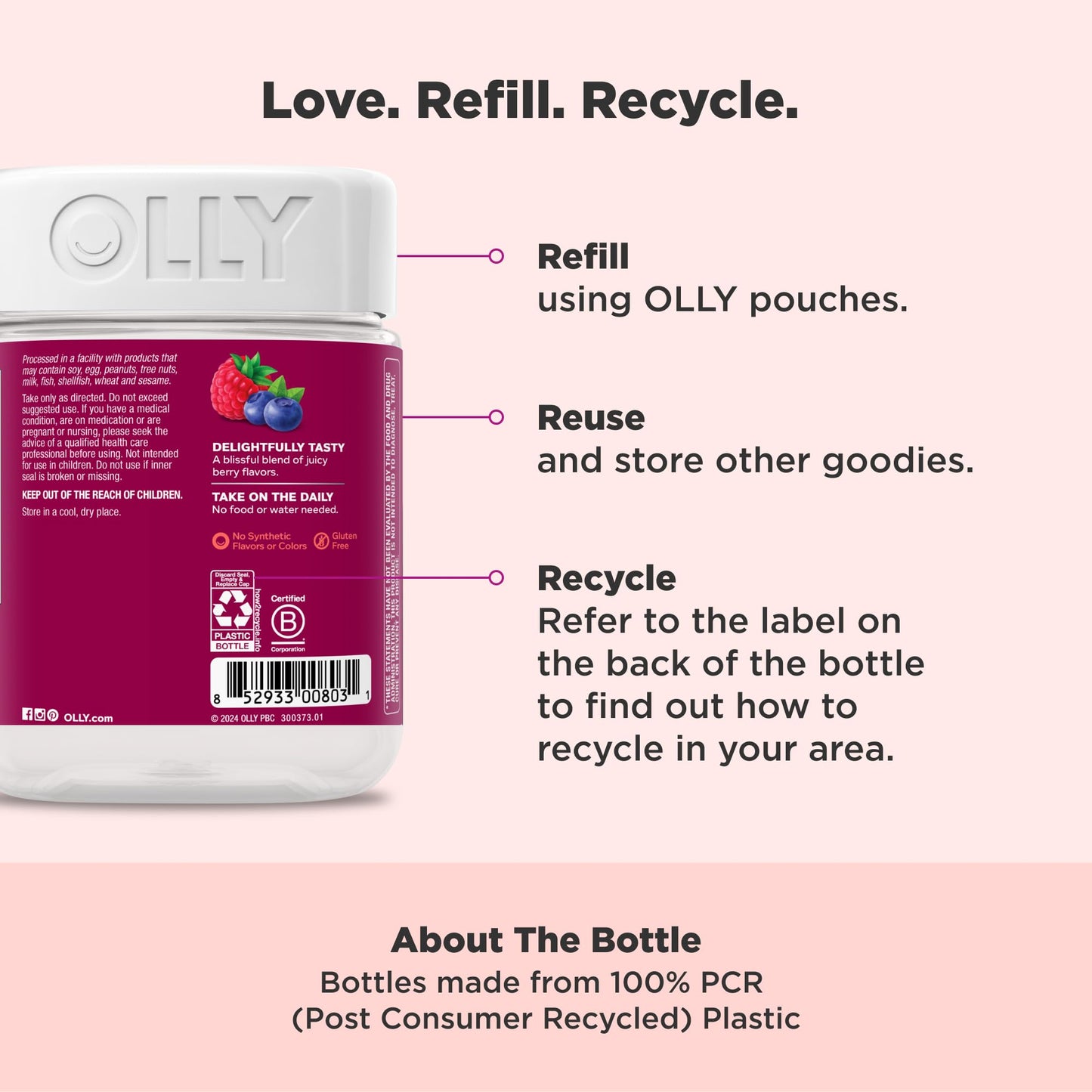 OLLY Women's Multivitamin Gummy, Vitamins A, D, C, E, Biotin, Folic Acid, Adult Chewable Vitamin, Berry Flavor, 45 Day Supply - 90 Count