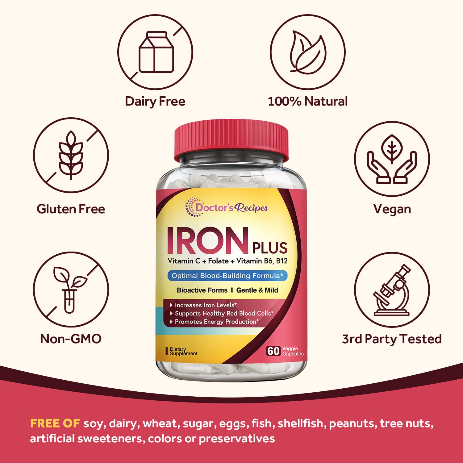 Doctor's Recipes Iron Supplement 65 mg with Vitamin C - Maximized Absorption, Stomach Friendly & High Potency Iron Pills for Red Blood Cells Formation & Immunity Health - Vegan Non-GMO 60 Iron Tablets Nirvana Guru