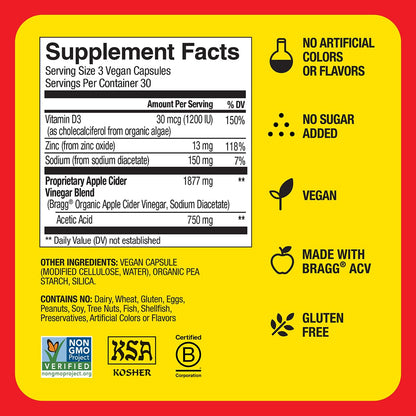 Bragg Apple Cider Vinegar Capsules with Vitamin D and Zinc - 90 Capsules - Supports The Immune System - Nirvana Guru