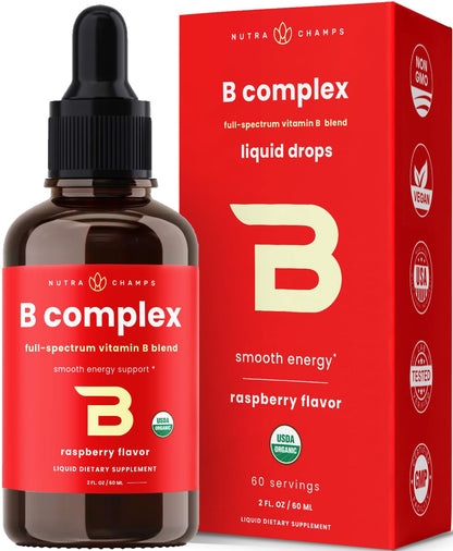 USDA Organic Vitamin B Complex Liquid Drops | B Vitamins Complex Supplement with B1, B2, B3, B6, B7, B9 & Methyl B12 Drops for Adults & Kids | Vegan Berry Flavor 2oz | 60 Servings / 2 Month Supply Nirvana Guru