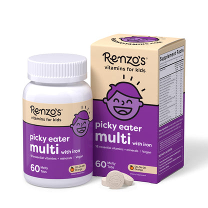 Renzo's Picky Eater Kids Multivitamin with Iron, Dissolving Kids Vitamins with Vitamin D3 and K2 and More, 60 Sugar-Free Melty Tabs, Lil’ Green Apple Flavored Nirvana Guru