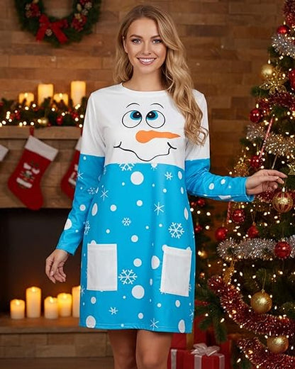 MOUSYA Women Dress Shirt Christmas Long Sleeve Tops Santa Printed Pullover Loose Plus Size T-Shirt Blouse with Pockets nirvanaguru