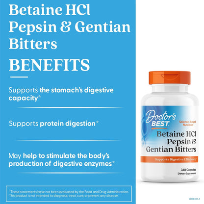 Doctor's Best Betaine HCI Pepsin & Gentian Bitters, Digestive Enzymes for Protein Breakdown & Absorption, Non-GMO, Gluten Free, 360 Count (Pack of 1) - Nirvana Guru