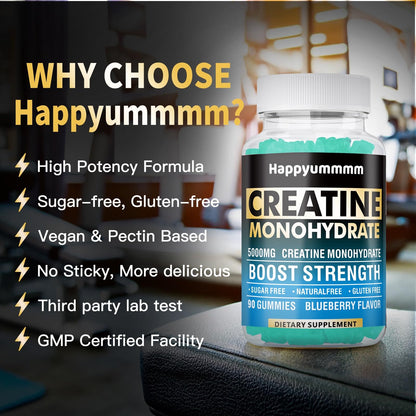 Creatine Monohydrate Gummies 5000mg for Men & Women, Chewables Creatine Monohydrate for Muscle Strength, Muscle Builder, Energy Boost, Pre-Workout Supplement(90 Count)-Strawberry.