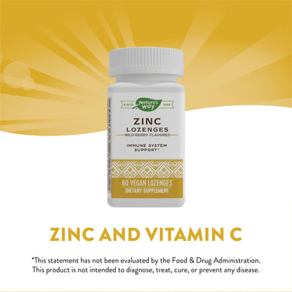 Nature's Way Zinc Lozenges with Vitamin C & Echinacea, Immune Support*, 23 mg of Zinc & 100 mg of Vitamin C per Serving, Wild Berry Flavored, 60 Lozenges (Packaging May Vary) - Nirvana Guru
