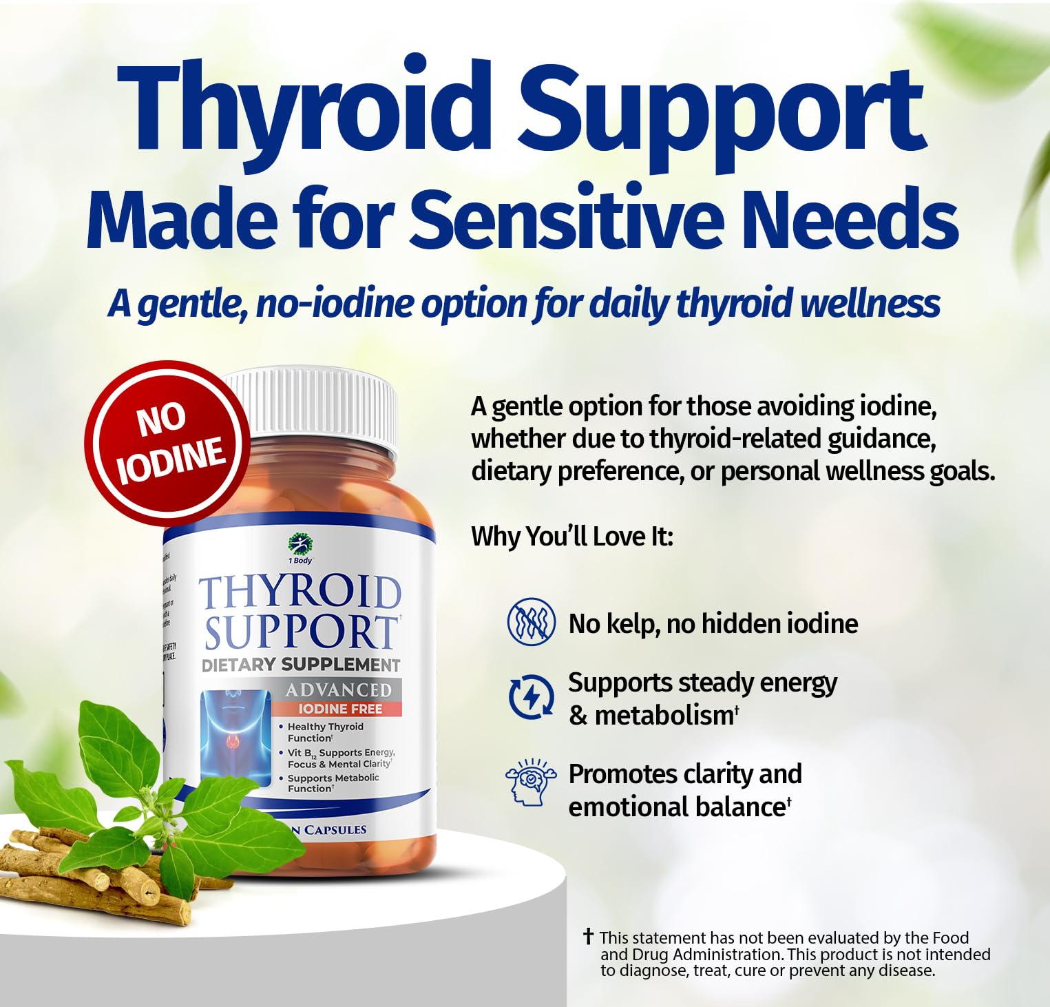 1 Body Thyroid Support Supplement with Iodine, B12, Zinc, Selenium, Ashwagandha, Non-GMO, Vegetarian, 30 Day Supply Nirvana Guru