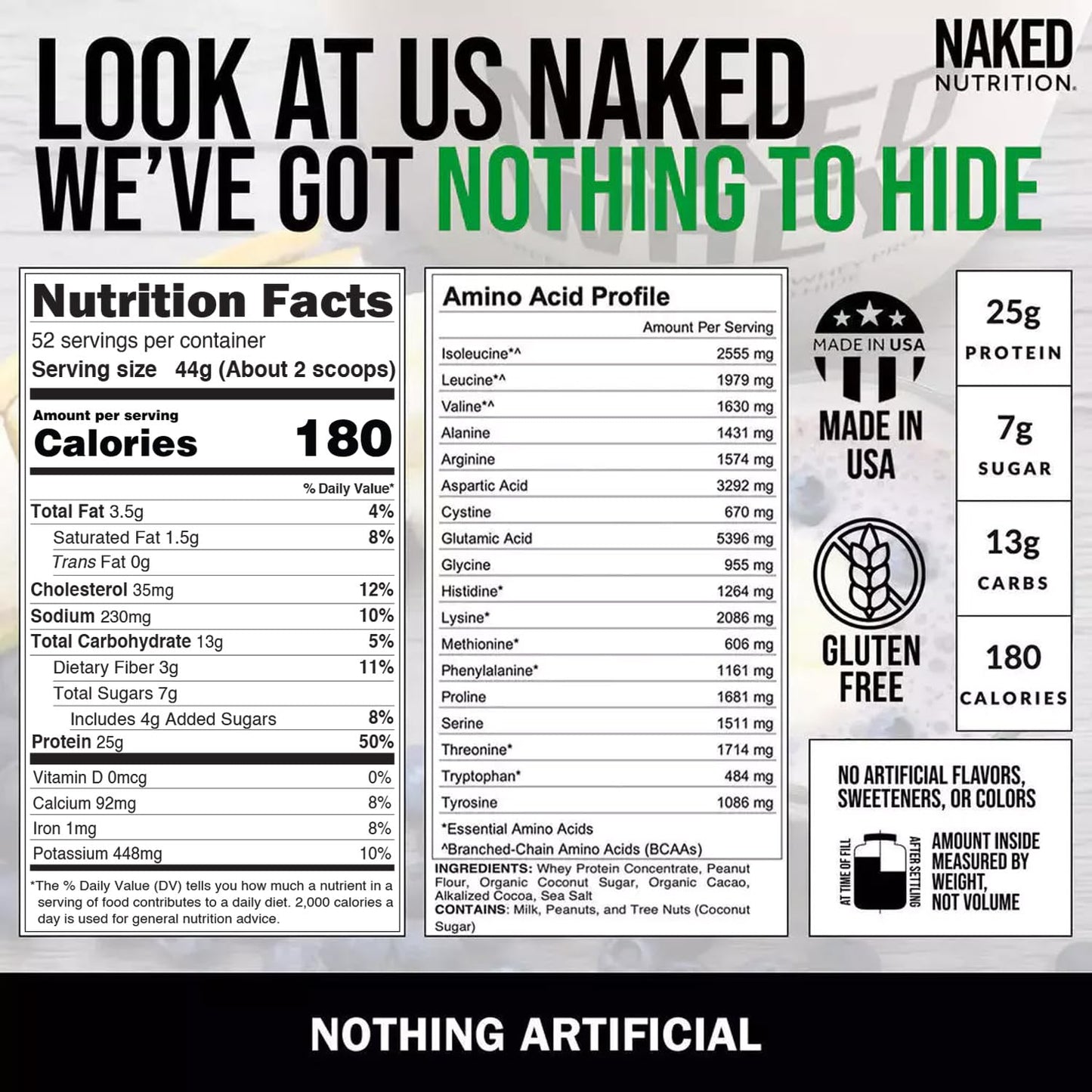 NAKED Whey Vanilla Protein Powder - Only 3 Ingredients - Grass Fed Whey Protein Powder, Vanilla Flavor, and Organic Coconut Sugar, No GMO, No Soy, and Gluten Free - 24 Servings