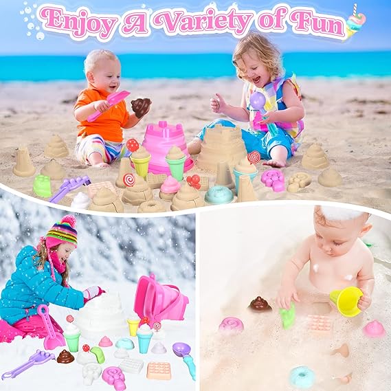 Collapsible Beach Toys Set for Kids Toddlers Girls, Collapsible Sand Bucket and Shovels Set with Mesh Bag & Sand Molds, Ice Cream Travel Sand Toys for Beach, Sandbox Toys for Toddlers Kids Age 3-10 nirvanaguru
