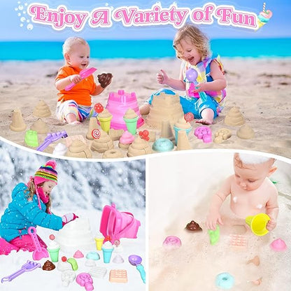 Collapsible Beach Toys Set for Kids Toddlers Girls, Collapsible Sand Bucket and Shovels Set with Mesh Bag & Sand Molds, Ice Cream Travel Sand Toys for Beach, Sandbox Toys for Toddlers Kids Age 3-10 nirvanaguru