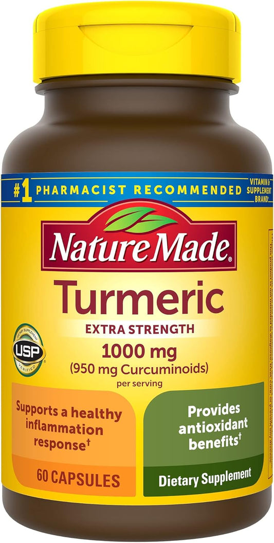 Nature Made Extra Strength Turmeric Curcumin with Black Pepper, 1000mg extract (950mg Curcuminoids) per serving, Supports Healthy Inflammation Response, 60 Vegetarian Capsules, 30 Day Supply - Nirvana Guru