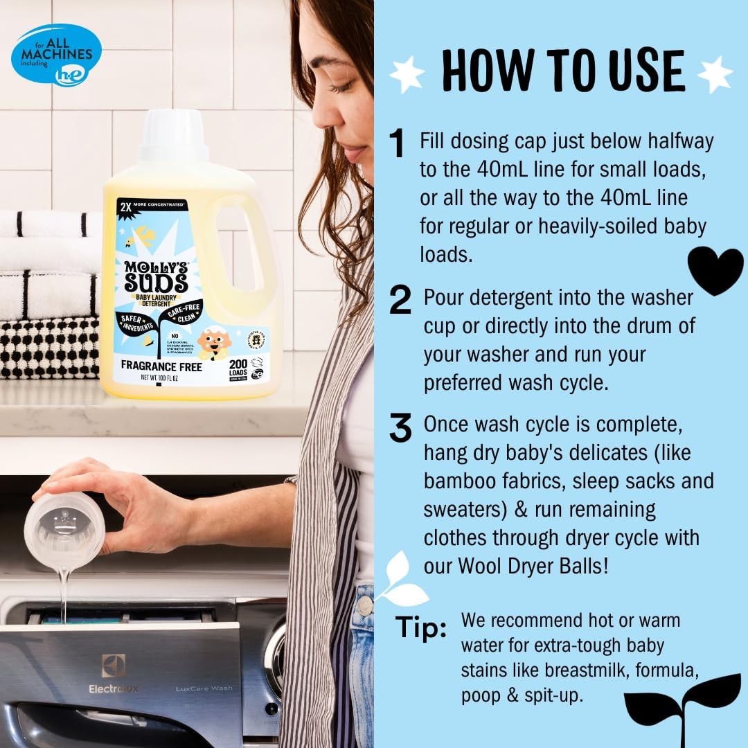 Molly's Suds Liquid Laundry Detergent | Clean Laundry Detergent Soap for Sensitive Skin | 2x Concentrated, High Efficiency (HE) | Unscented - 100 Loads Nirvana Guru