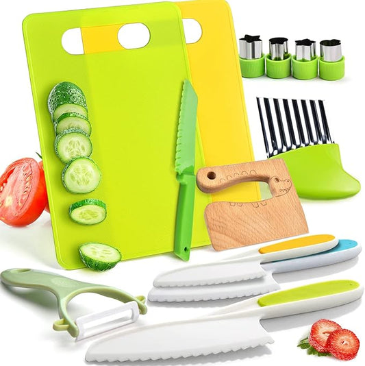 13 Pieces Montessori Kitchen Toys for Toddlers-Kids Cooking Sets Real-Toddler Toys Set for Real Cooking with Plastic Children Safe Knives Crinkle Cutter Kids Cutting Board nirvanaguru