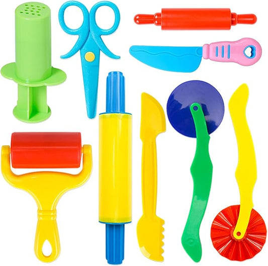 Dough Tool Kit,9 Pcs Basic Clay and Dough Tools Starter Set for Kids Includes Cutters Roller, Rolling Pins, Safety Scissors,Dough Extruder,Plastic Knife nirvanaguru