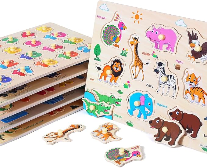 GRINNNIE Wooden Peg Puzzle for Toddlers, 6 Pack Toddler Puzzles Set for 3 4 5 Years Old (Alphabet Number Shape Animal Dinosaur Vehicle), Preschool Education Learning Puzzle Toys for Girls and Boys nirvanaguru