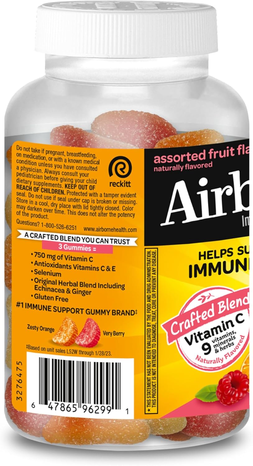 Vitamin C 750mg (per Serving) - Airborne Assorted Fruit Flavored Gummies (63 Count in a Bottle), Gluten-Free Immune Support Supplement with Vitamins A C E, Selenium, Echinacea & Ginger Nirvana Guru