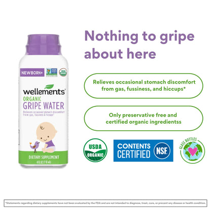 Wellements Organic Gripe Water | Relieves Occasional Stomach Discomfort from Baby Gas, Colic, Hiccups and Fussiness | Certified Organic and Non-GMO | No Artificial Flavors | 4 Fl Oz. | Ages Newborn+ Nirvana Guru