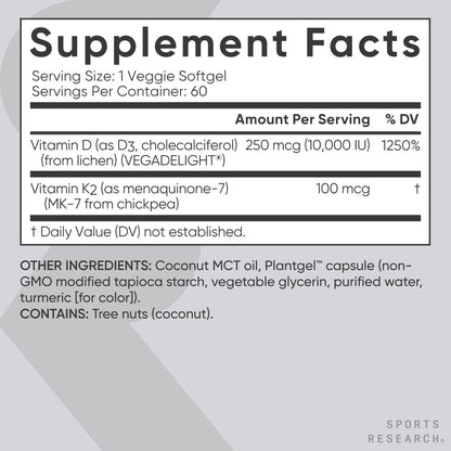 Sports Research® Vitamin D3 + K2 with Coconut MCT Oil | Vegan D3 2500iu (62.5mcg) & Plant Based Vitamin K2 100mcg | Vegan Certified, Soy & Gluten Free - 60 Softgels - Nirvana Guru