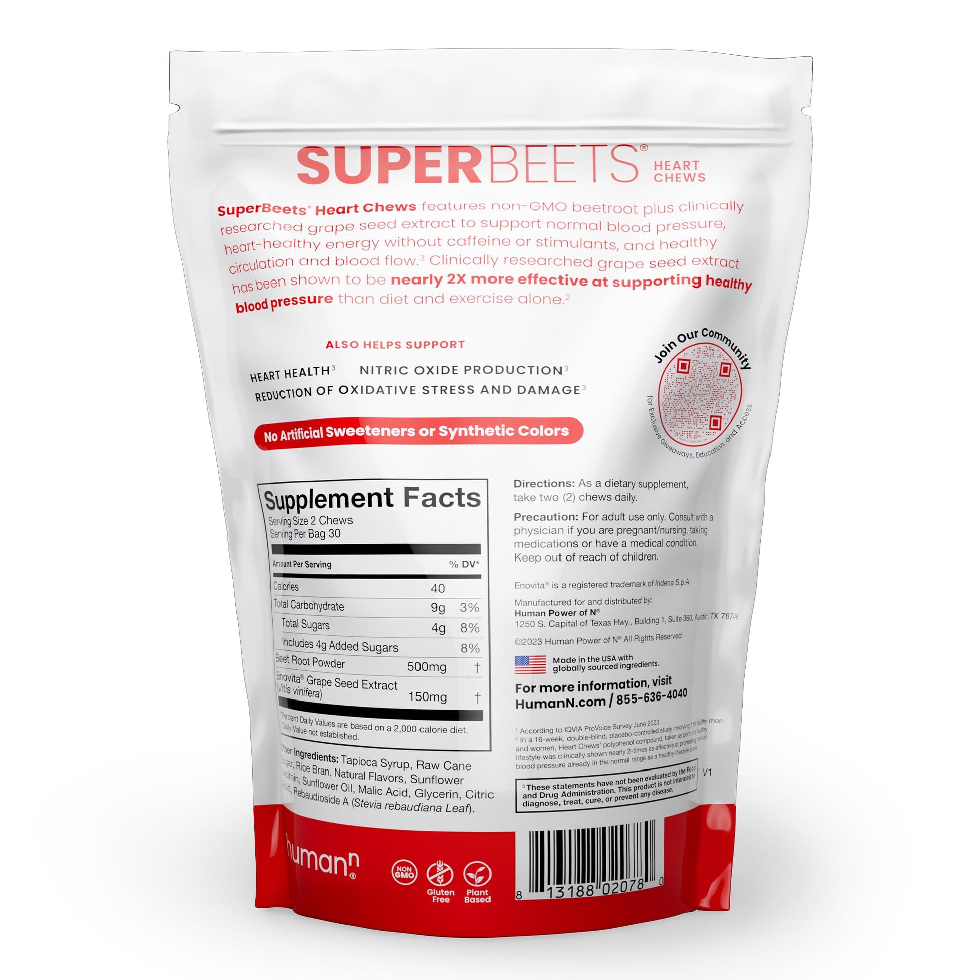 HumanN SuperBeets Heart Chews, Nitric Oxide and Blood Pressure Support, Grape Seed Extract & Non-GMO Beet Root Powder Energy, Pomegranate Berry Flavor, 120 Count - Nirvana Guru