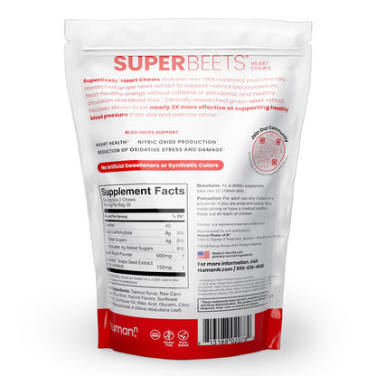 HumanN SuperBeets Heart Chews, Nitric Oxide and Blood Pressure Support, Grape Seed Extract & Non-GMO Beet Root Powder Energy, Pomegranate Berry Flavor, 120 Count - Nirvana Guru