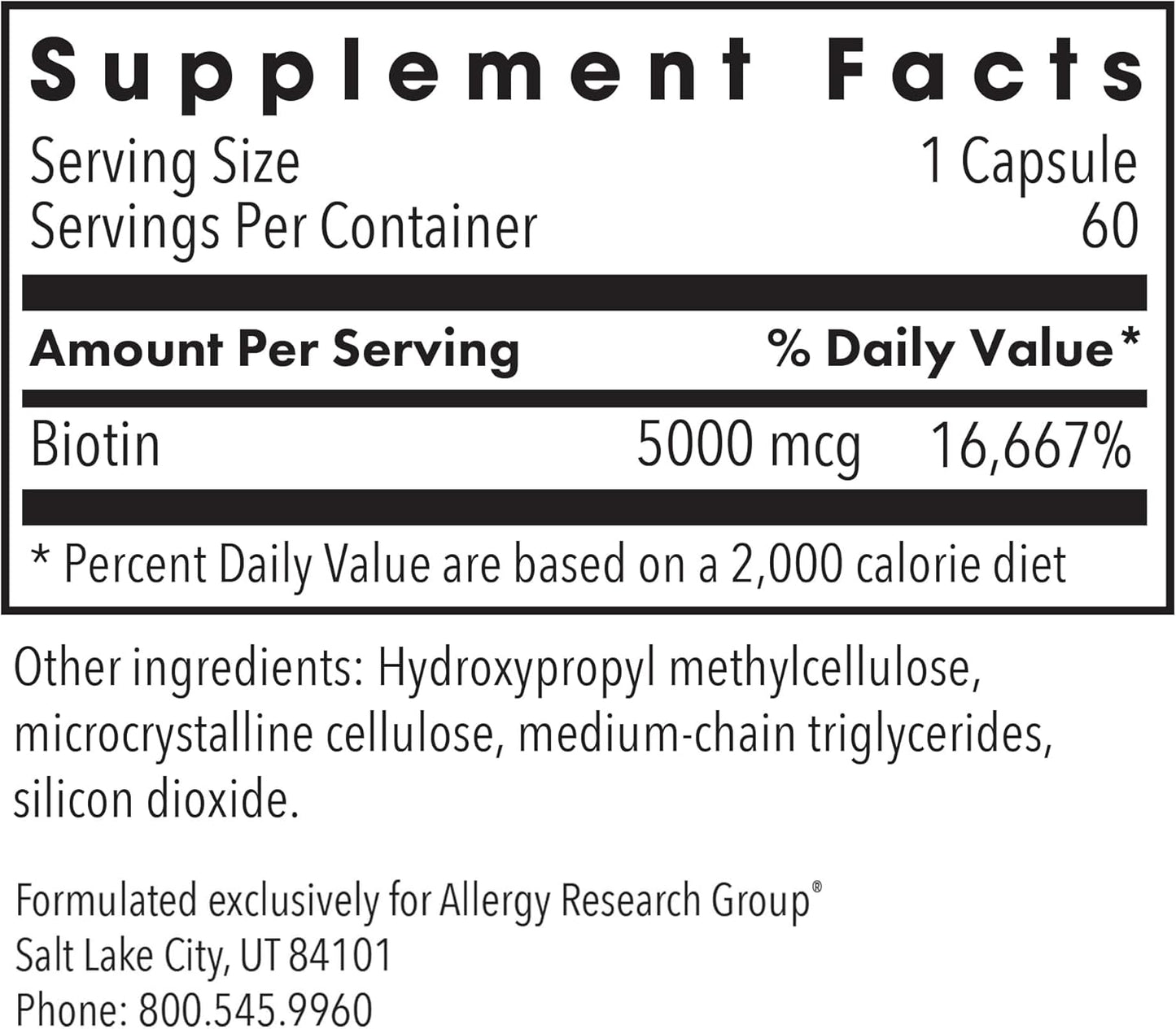 Allergy Research Group Biotin 5000 Supplement - 5000mcg Biotin, Vitamins for Hair, Skin and Nails, High Dose, Vegetarian Capsules, Hypoallergenic, Gluten Free - 60 Count Nirvana Guru