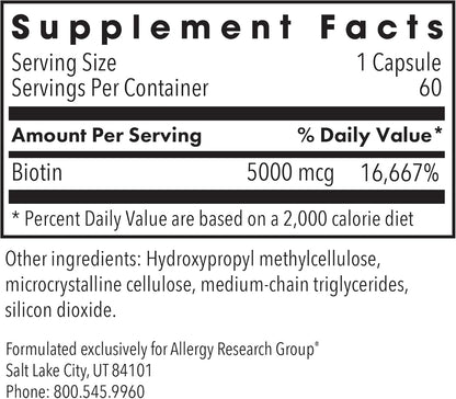 Allergy Research Group Biotin 5000 Supplement - 5000mcg Biotin, Vitamins for Hair, Skin and Nails, High Dose, Vegetarian Capsules, Hypoallergenic, Gluten Free - 60 Count Nirvana Guru