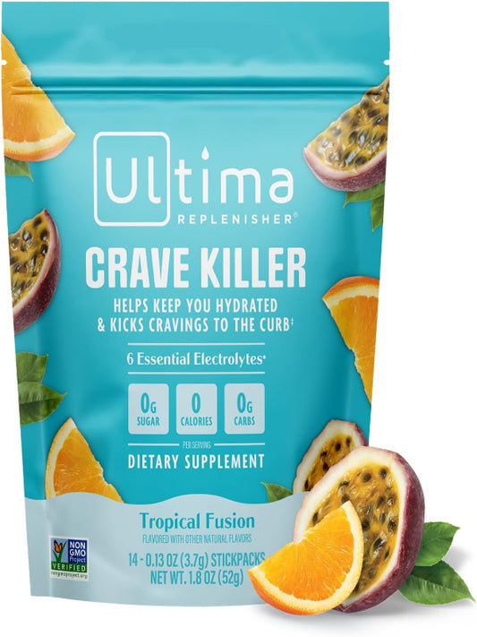 Ultima Replenisher Crave Killer Supplement and Electrolytes Powder – Tropical Fusion, 14 Stickpacks – Hydration Packets That Kick Cravings to The Curb - Nirvana Guru