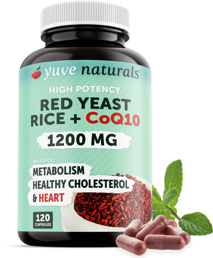 100% Natural Red Yeast Rice 1200 mg with CoQ10 100 mg, 2 in 1, Maintain Healthy Cholesterol Levels - 120 Veggie Capsules - Nirvana Guru