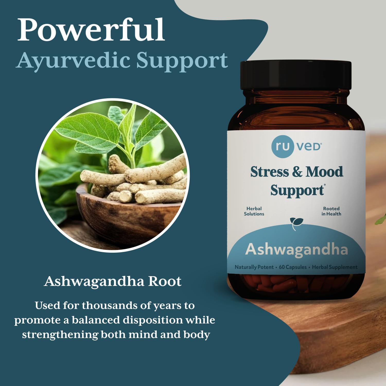 RU Ved Ashwagandha Ayurvedic Supplement Stress and Mood Support (60 Capsules) Nirvana Guru