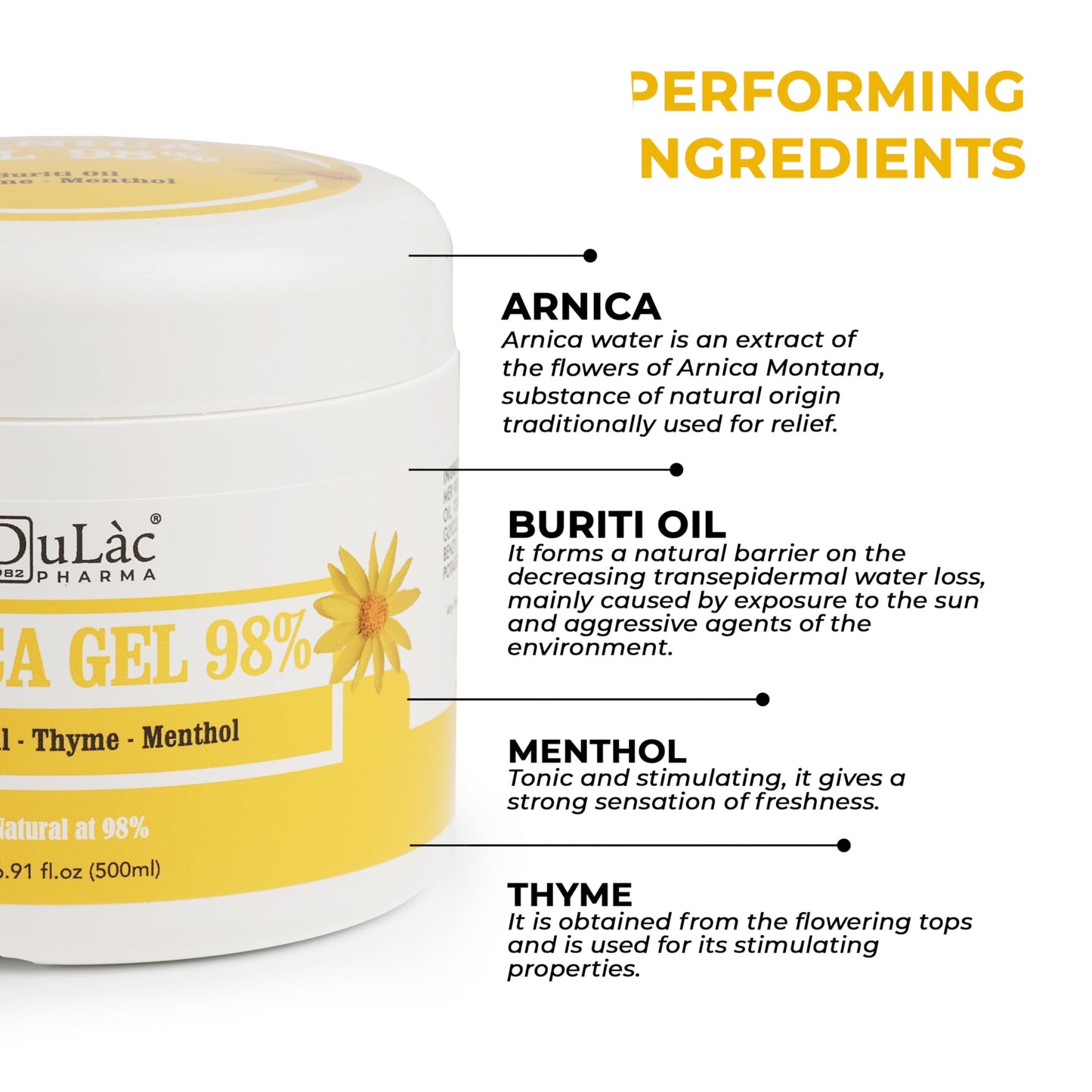 Dulàc - Arnica Gel for Bruising and Swelling 16.9 Fl Oz, 98% Arnica Montana Cream Extra Strength for Muscle and Joint Relief, Non-Greasy, Natural Formula, Cool Effect, Alcohol Free