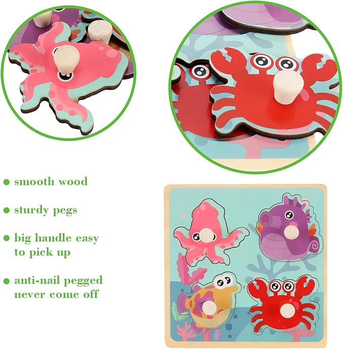 Wooden Peg Puzzles for Toddlers 1-3, Kids' Educational Preschool Peg Puzzle Toy, Set of 4 Toddler Puzzles - Farm, Dinosaur, Fruit and Marine Animals, Ideal Gift for Ages 1 2 3 Boys and Girls nirvanaguru